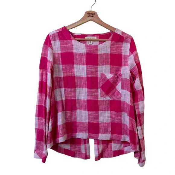 ANTHRO Cloth & Stone Pink Plaid Linen Blend Button Back Blouse SZ Small - Picture 1 of 9